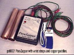 ParaZapper parasite zapper with standard copper paddles and wrist straps. Electrocute parasites with the improved Hulda Clark zapper.